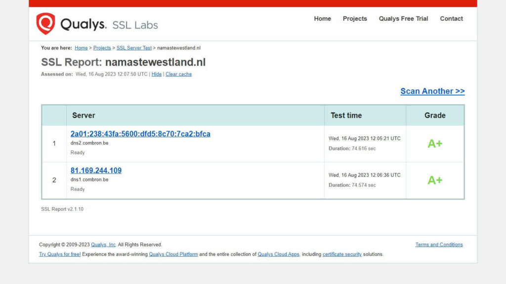Score SSL Labs Namasté Westland. Schermafbeelding SSL Labs test van https://namastewestland.nl/ op 16 augustus 2023.